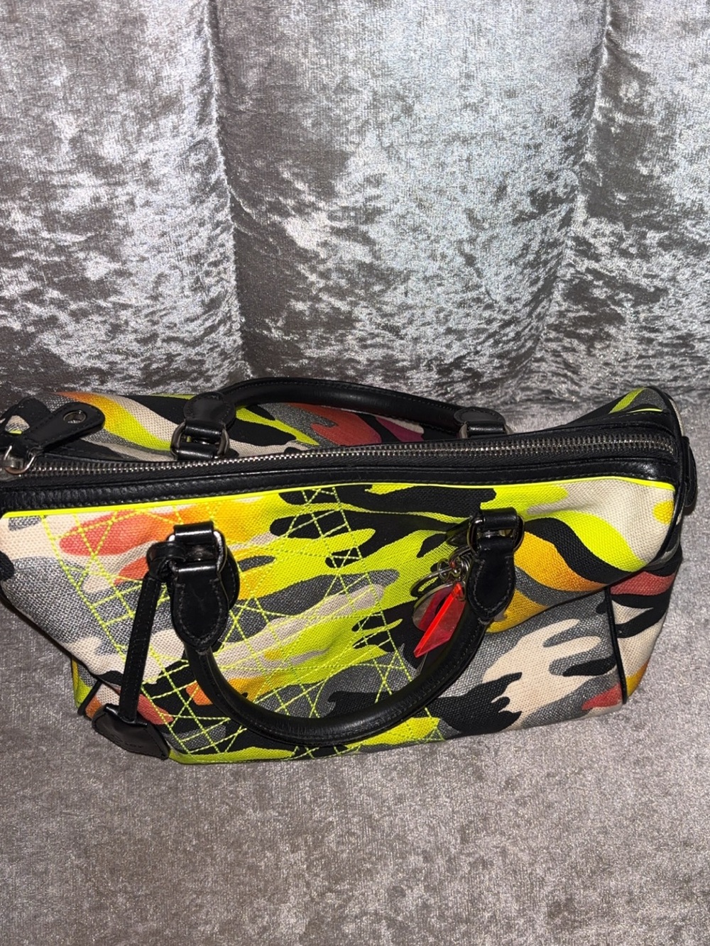 Dior Canvas Satchel with Neon Yellow, Black & Red Accents